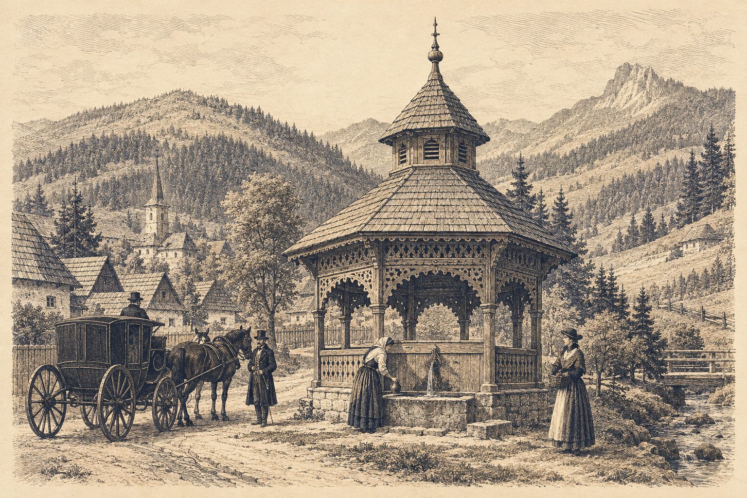 Engraving-style illustration of an early nineteenth-century spring pavilion in a Transylvanian village