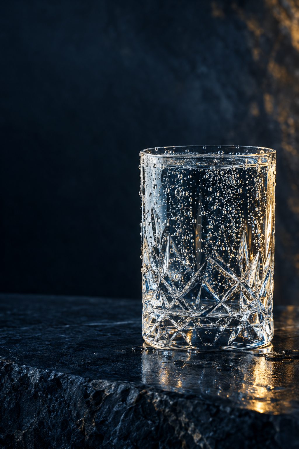Crystal tumbler filled with naturally sparkling mineral water on dark stone