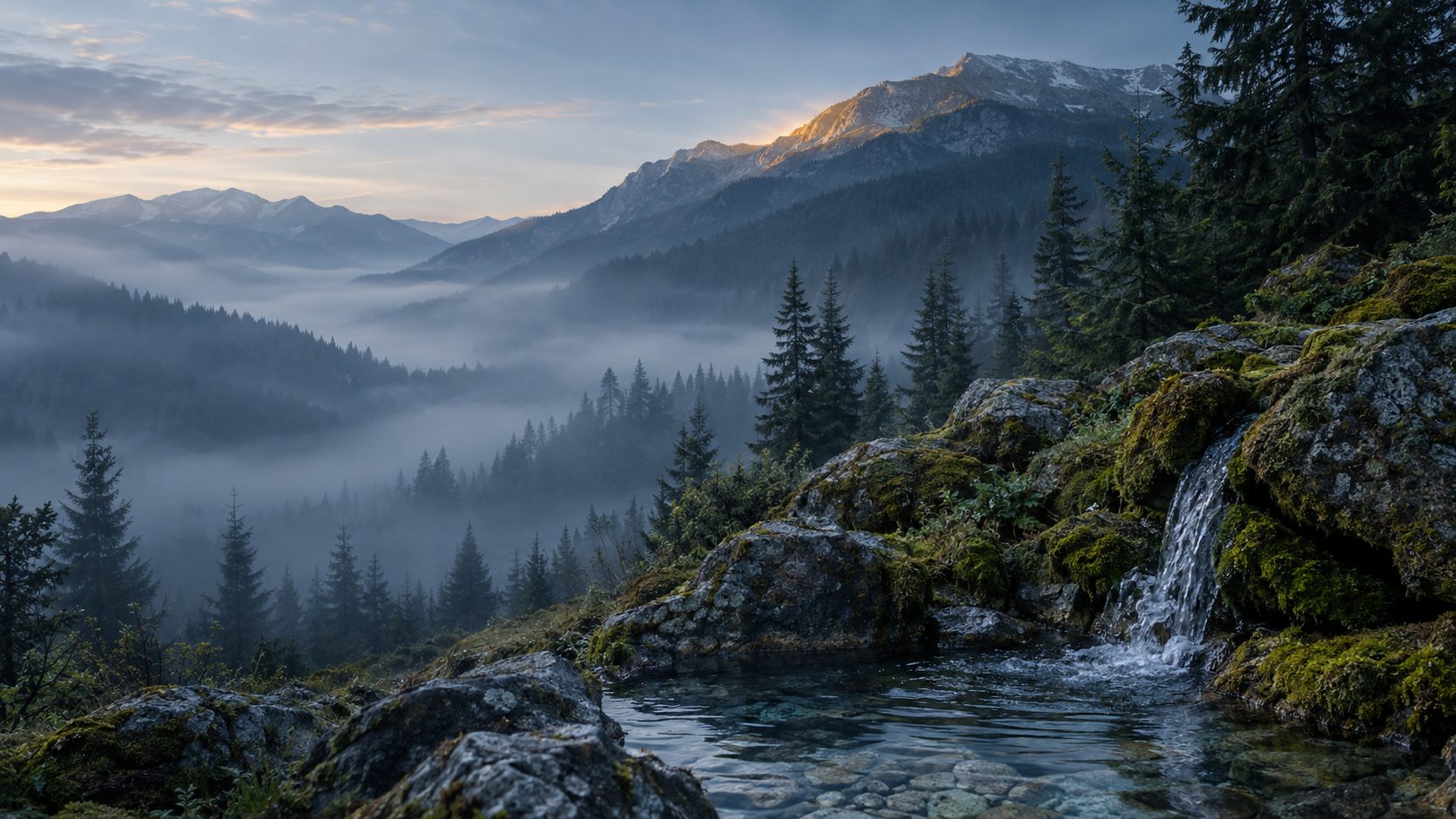 Misty Carpathian valley at dawn with a clear spring among mossy stones