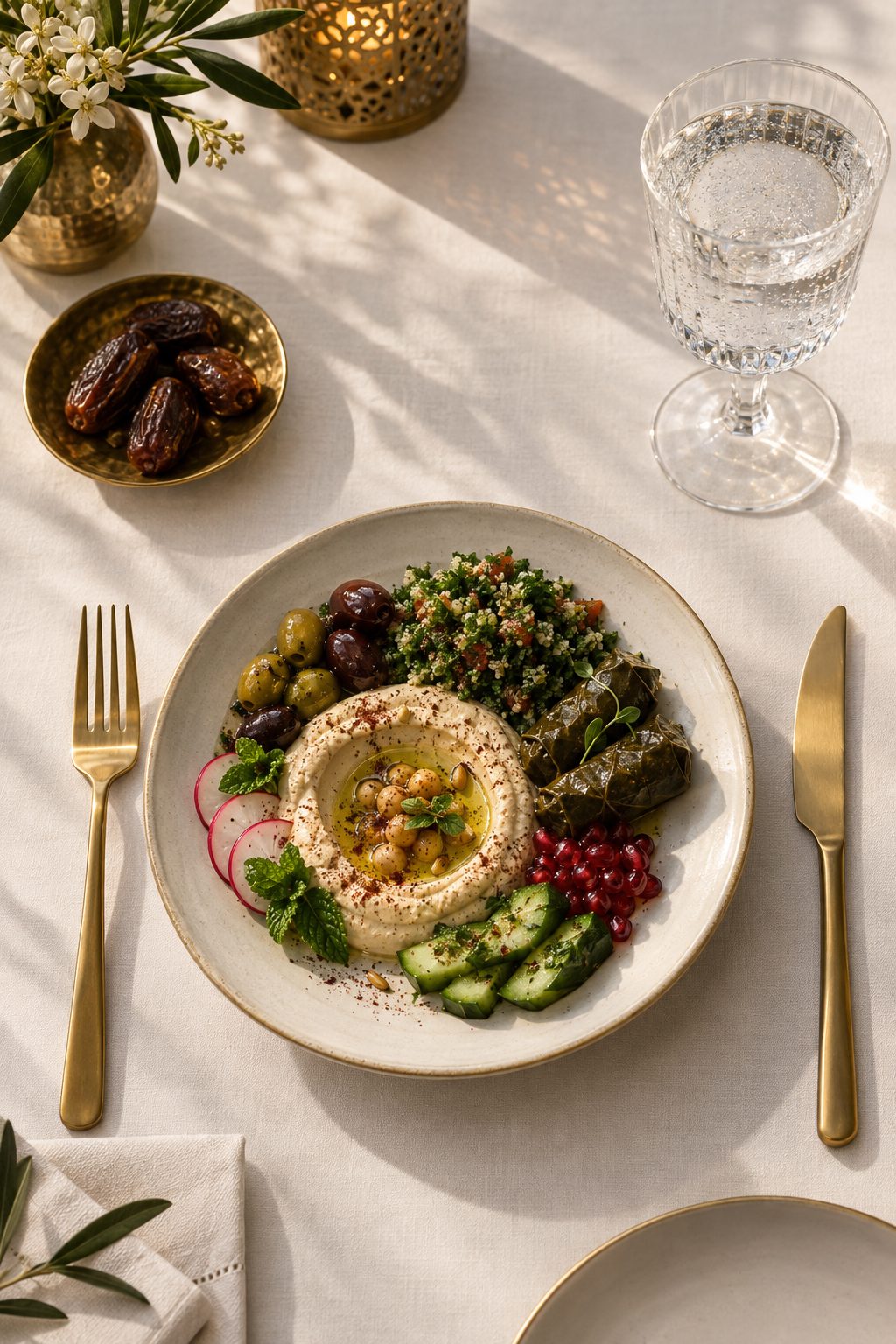 Fine-dining table with a crystal glass of sparkling water beside a refined mezze plate and dates